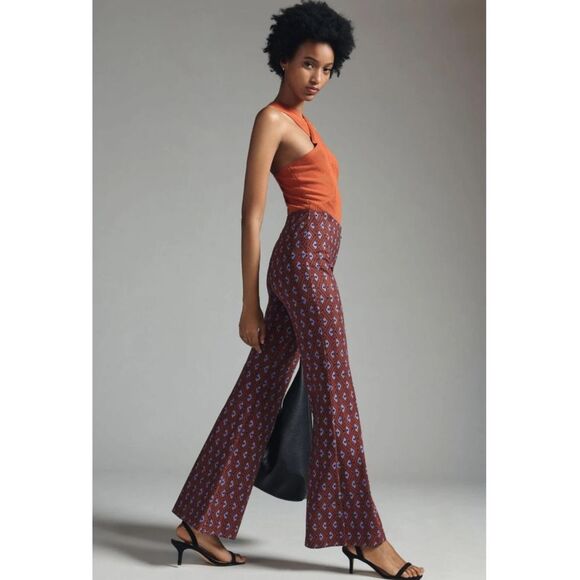 by Anthropologie Joni Printed Flare Leg Stretch Pants Bell Bottom Small - Picture 1 of 8